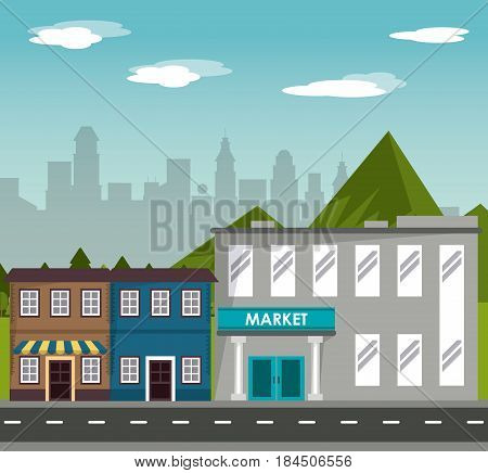 street commercial building market shopping mountain city landscpae vector illustration