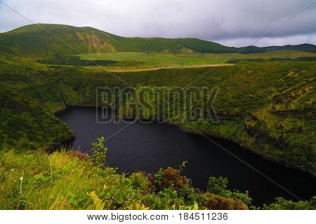Aerial view to lake Comprida Flores island Azores. Portugal