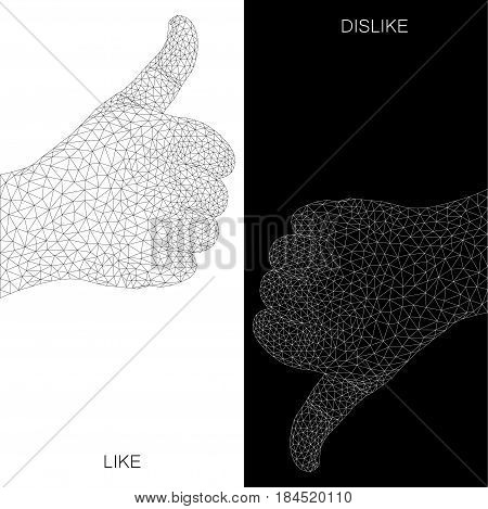 Thumbs up and thumbs down. Like and dislike concept. Symbol. Vector Illustration. Hands in actions. Triangle design.