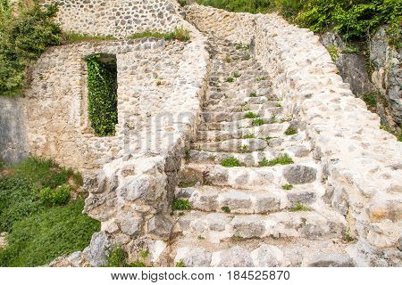 Stone stairs of old abandoned medieval Kalnik fortress ruins in Prigorje, Croatia