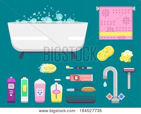 Bath equipment icons made in modern shower flat style colorful clip art illustration for bathroom interior hygiene design. Isolated vector symbols of mirror, toilet sink shower soap towel faucet.