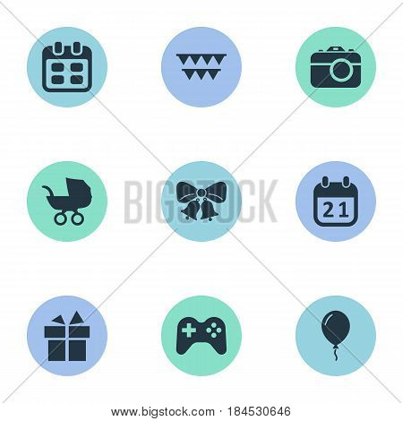 Vector Illustration Set Of Simple Birthday Icons. Elements Resonate, Aerostat, Special Day And Other Synonyms Ribbon, Balloon And Baby.