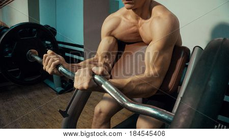 Man in the gym, exercise for the biceps