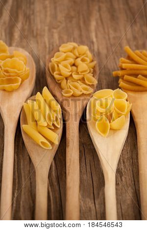 Spoons filled with varieties of pasta on wooden background