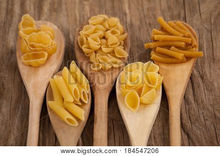 Spoons filled with varieties of pasta on wooden background