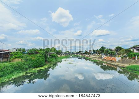 River Nature Landscape With Day Cloud Blue Sky At Lampang Thailand