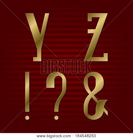 Presentable gold font. Y, Z isolated golden letters, ampersand, exclamation and question marks.