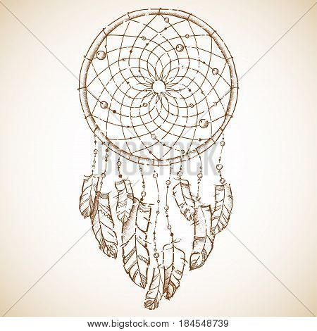 Vector illustration. Ethnic totem Dreamcatcher. Doodle. Tattoo.