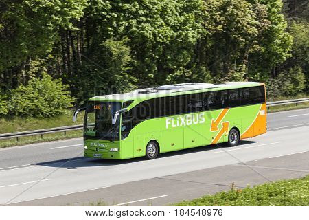 Fraknfurt Germany - March 30 2017: Flixbus coach on the autobahn. Flixbus is an european long distance coach service