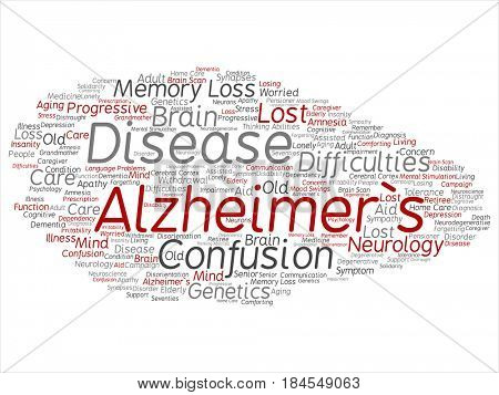 Concept conceptual red old Alzheimer`s disease symptom abstract word cloud isolated on background. Collage of care, loss, care giving, aging resistance, neurology, language, motor or resistance text