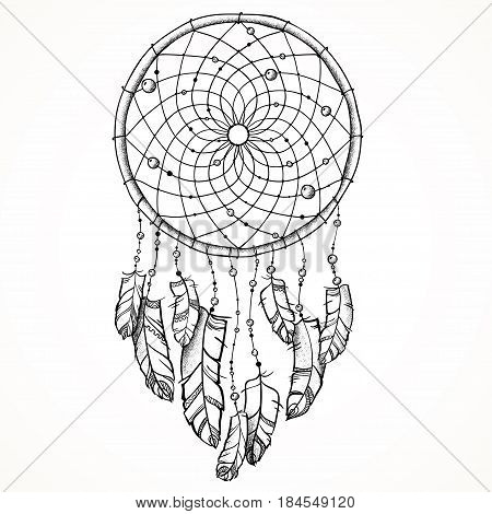 Vector illustration. Ethnic totem Dreamcatcher. Doodle. Tattoo.