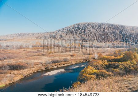A Moutain Landscape With A River ,lake In Forest In Inner Mongolia Hulunbeier