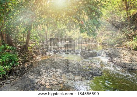 Waterfall In The Forest With Sunlight Ray. Chae Son National Park.