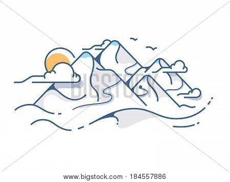 Snow covered view of mountains. High mountain sun and clouds. Vector illustration
