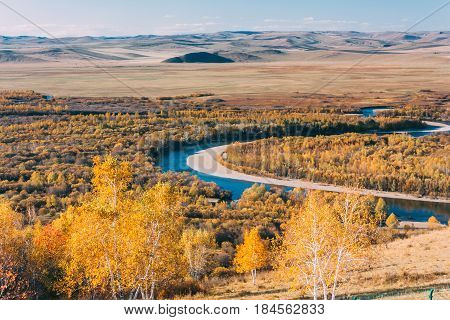 On A Moutain Of Inner Mongolia Hulun Buir River Genhe Wetland In Eergu'na,known As 