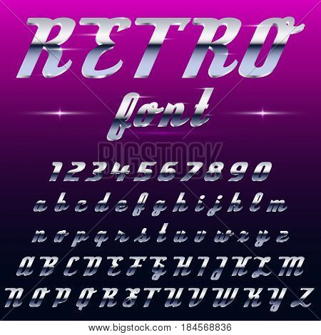 Chrome shiny retro, vintage font, typeface, mado of metal or steel.