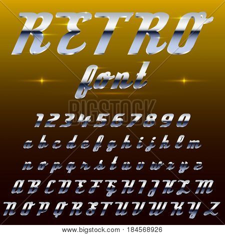 Chrome shiny retro, vintage font, typeface, mado of metal or steel.