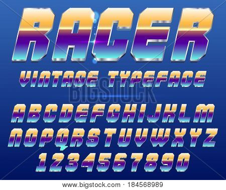 Chrome shiny retro, vintage font, typeface, mado of metal or steel.