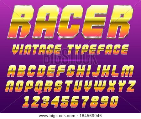 Chrome shiny retro, vintage font, typeface, mado of metal or steel.