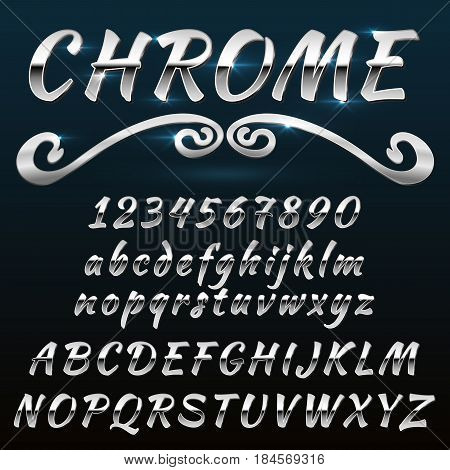 Chrome shiny retro, vintage font, typeface, mado of metal or steel.