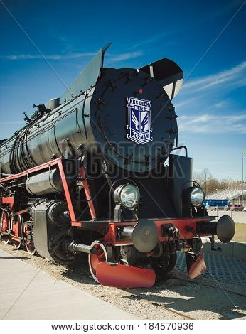 Poland, Poznań -march 26, 2017. Steam Locomotive With Logo Lech Poznan.