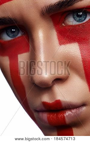 Fashion beauty female Model with tribal red Stripes Make-up