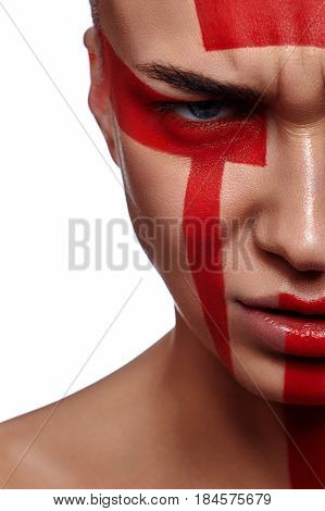 Angry beauty Woman with tribal futuristic red Make-up