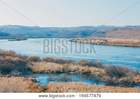 A Moutain Landscape With A River ,lake In Forest In Inner Mongolia Hulunbeier