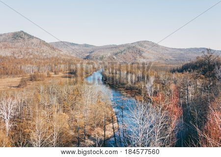 A Moutain Landscape With A River ,lake In Forest In Inner Mongolia Hulunbeier