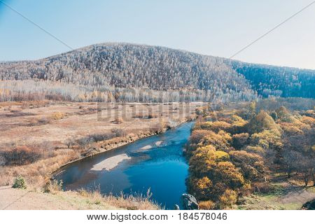 A Moutain Landscape With A River ,lake In Forest In Inner Mongolia Hulunbeier