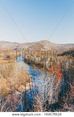 A Moutain Landscape With A River ,lake In Forest In Inner Mongolia Hulunbeier