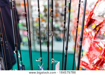 Fishing rods and fishing gear in a hunting and fishing store