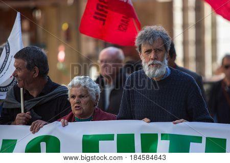 PORTO, PORTUGAL - MAY 1, 2017: During celebration of May Day in the city centre. General Confederation of Portuguese workers, traditionally associated with the Communist party, has 800.000 members.