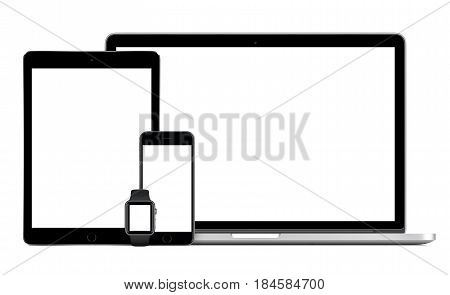 Varna Bulgaria - March 10 2016: Apple MacBook Pro with Space Gray iPad Pro iPhone 6S and Apple Watch mock-up. Isolated on white background. Apple gadgets set for responsive design presentation.