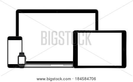 Varna Bulgaria - March 10 2016: Apple gadgets set with MacBook Pro Space Gray iPad Pro iPhone 6S and Apple Watch response mockups front view. Isolated on white background.