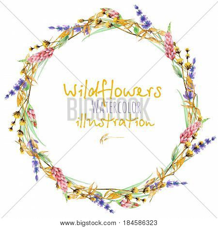 Wreath, circle frame border with yellow dry wildflowers, lupine and lavender flowers, hand drawn in watercolor on a white background