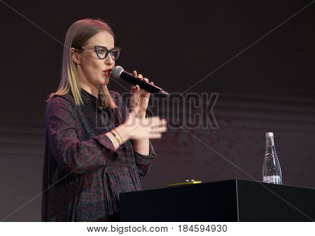 Moscow, Russia - April 7, 2017: Ksenia Sobchak - Russian television and radio presenter, a journalist, a public figure, and an actress performs at business conference 