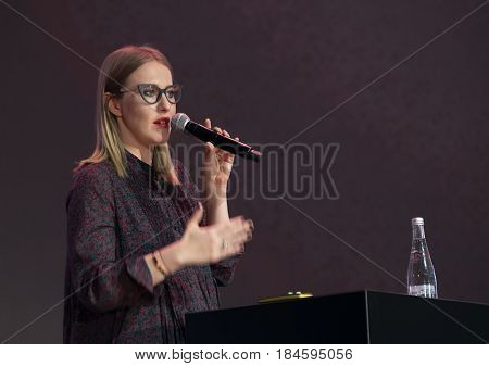 Moscow, Russia - April 7, 2017: Ksenia Sobchak - Russian television and radio presenter, a journalist, a public figure, and an actress performs at business conference 