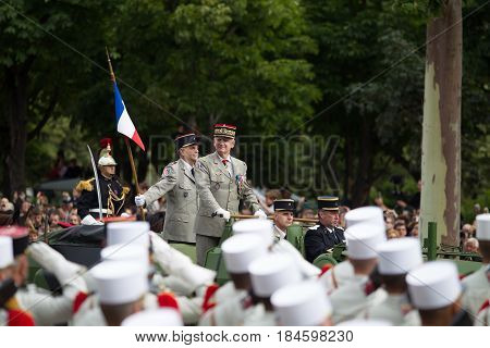 Paris France - July 14 2012. The Chief of Staff of the Armed Forces of the French Republic welcomes the legionaries of the French foreign legion during the parade on the Champs Elysees.