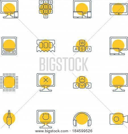 Vector Illustration Of 16 Laptop Icons. Editable Pack Of Phone Near Computer, Microprocessor, Input Jack And Other Elements.