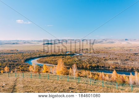 On A Moutain Of Inner Mongolia Hulun Buir River Genhe Wetland In Eergu'na,known As 