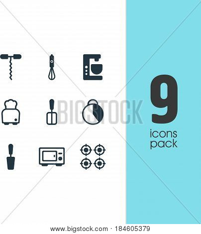 Vector Illustration Of 9 Restaurant Icons. Editable Pack Of Wine Opener, Bread, Handmixer Elements.