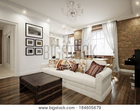 Modern Classic Traditional White Living room In Old Vintage European Apartment with Brick Walls. 3d render