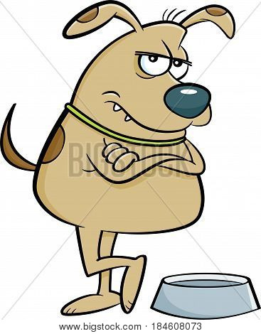 Cartoon illustration of a mad dog with an empty dog dish.