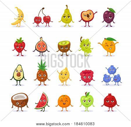 Set of funny cute cartoon fruits for vegetarian and healthy nutrition.