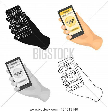 Hand holding a phone to call for order taksi.Programm car taxi online. Taxi station single icon in cartoon style vector symbol stock web illustration.