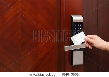 electronic door lock opening by an blank security card good for adding text and logo