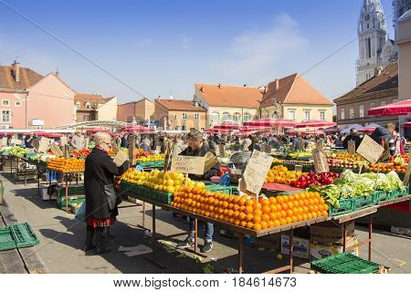 ZAGREB/CROATIA-MARCH 14: Dolac Marketplace in Zagreb. It is the largest and most famous market in the very center of the city on March 14 2017 in Zagreb Croatia.
