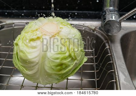 washing fresh cabbage on sink horizontal composition