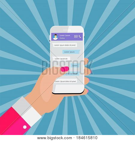 Mobile Apps Concept Hand Holding Phone. Social network concept. Abstract  Messenger Wndow with Chating and Message Chat Boxes. Vector illustration. EPS10